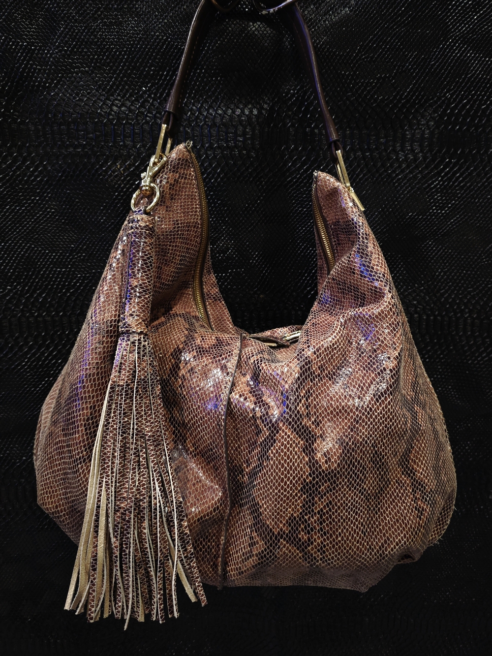 G.I.L.I. Brown Snake-Print Tassel Hobo